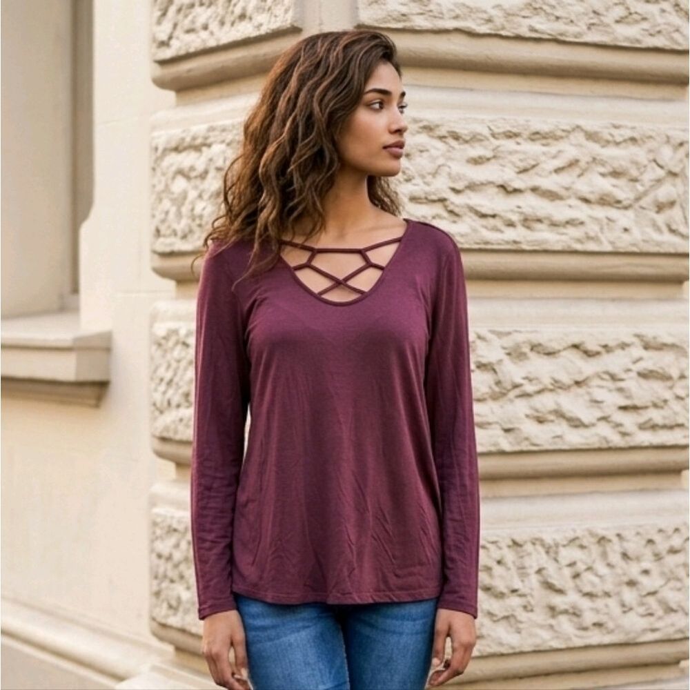 Plus Size 2X Plum Lattice Cage Neck Top Long Sleeve Soft Jersey Fall Knit Shirt